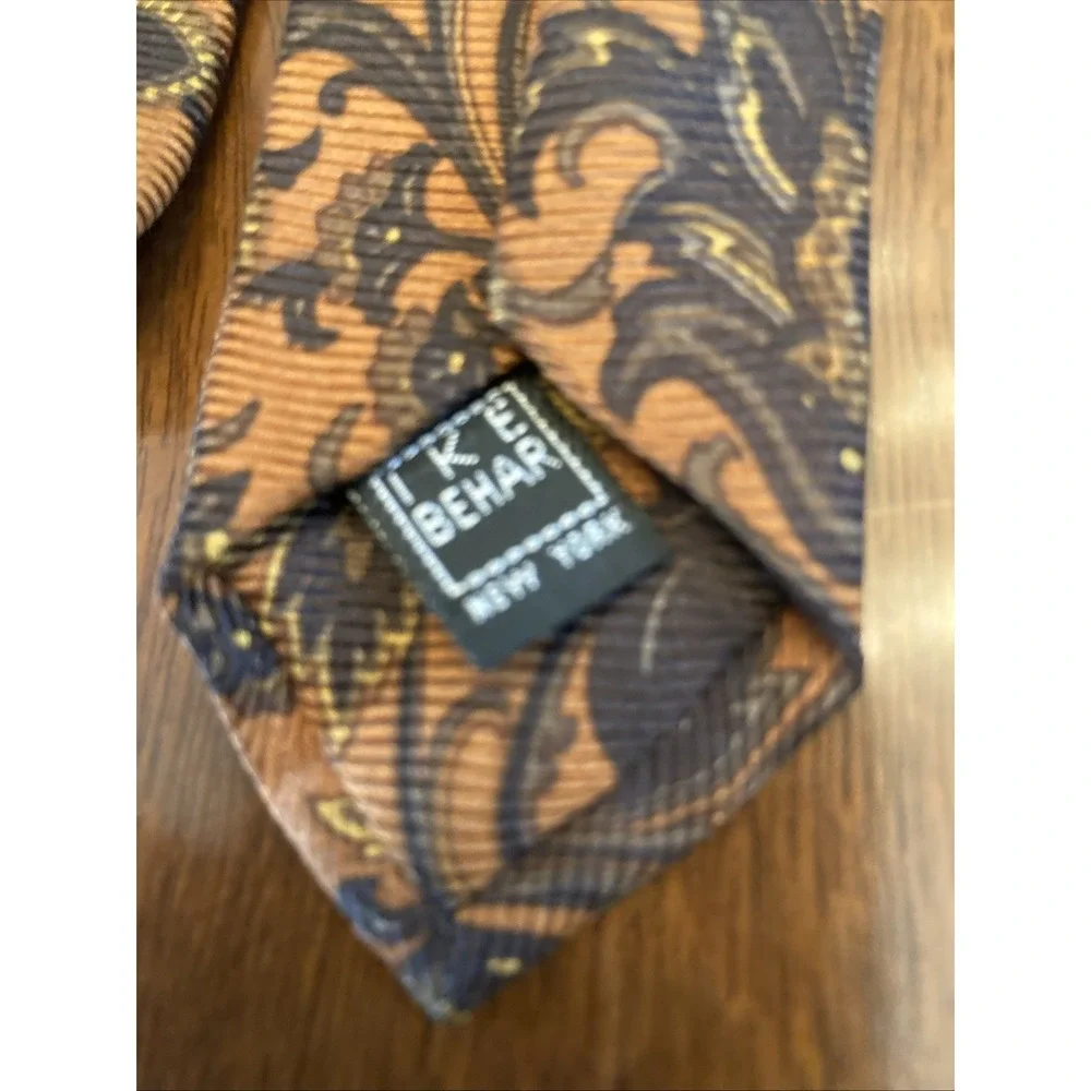 Ike Behar New York Mens Silk Tie Orange Navy Blue Gold Floral Paisley Ribbed